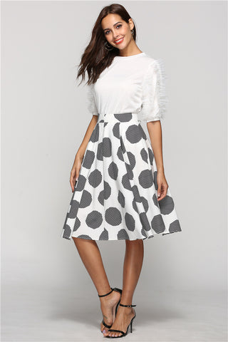 Polka Dot Slim Fit Mid-Length Skirt With Large Hem