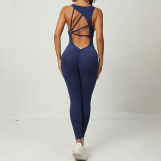 Marineblauer Yoga Jumpsuit mit V-förmige Rücken Design Fitness Jumpsuit, jetzt bestellen bei Darkonia.de