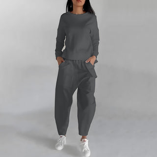 Damen Einfarbiges Modisches Sweatshirt mit langen Ärmeln + Hosen Set