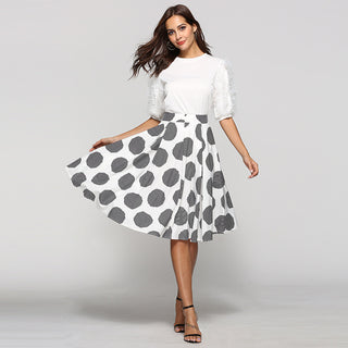 Polka Dot Slim Fit Mid-Length Skirt With Large Hem