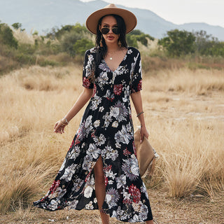 Floral Summer Beach Dress With V-Neck