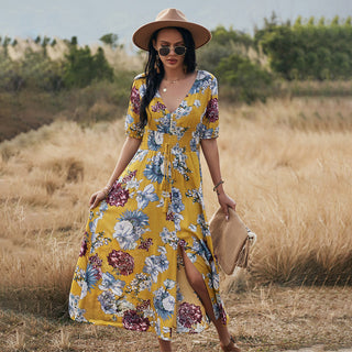 Floral Summer Beach Dress With V-Neck