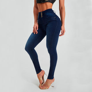 Dunkel Blaue Enge Damen High Waist Stretch Jeans, jetzt bestellen bei Darkonia.de