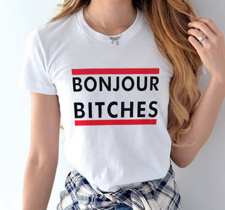 Weißes "Bonjour Bitches" Casual Frauen T-Shirt, jetzt bestellen bei Darkonia.de