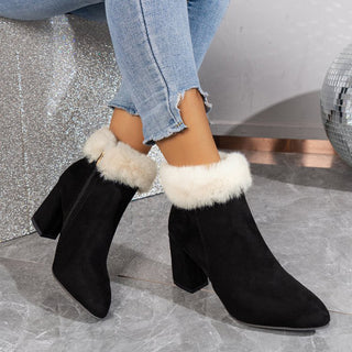 Plush ankle boots with checked print, winter fashion with square heel