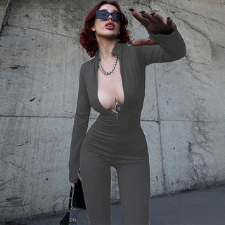 Slim-Fit Long Sleeve Stretch Jumpsuit with Zipper