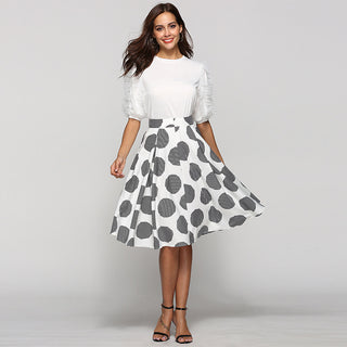 Polka Dot Slim Fit Mid-Length Skirt With Large Hem