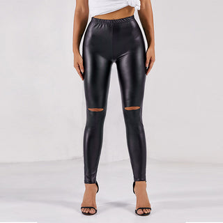 Torn tight high waist leather leggings