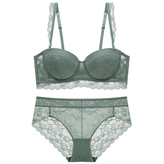 Green lace push-up bra and panty set with detachable straps and three-row back closure, sexy and traditional design.