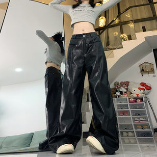 PU leather baggy pants for women