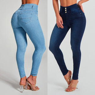 Hell Blaue & Dunkel Blaue Enge Damen High Waist Stretch Jeans, jetzt bestellen bei Darkonia.de