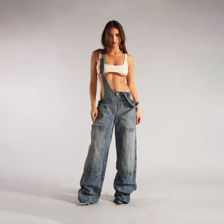 Jeans Overall Jumpsuit mit Taschen und Trägern