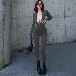 Slim-Fit Long Sleeve Stretch Jumpsuit with Zipper