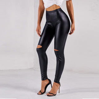 Torn tight high waist leather leggings