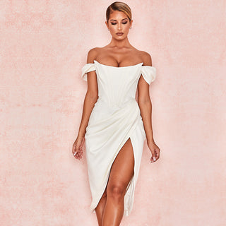 Elegant off-the-shoulder split dress