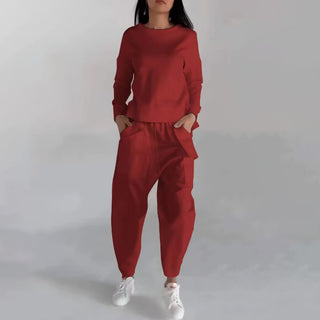 Damen Einfarbiges Modisches Sweatshirt mit langen Ärmeln + Hosen Set