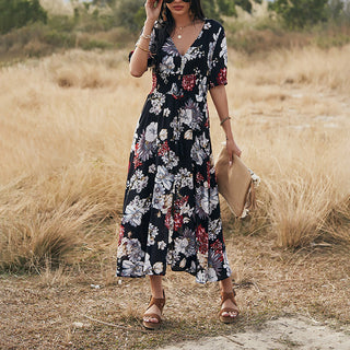 Floral Summer Beach Dress With V-Neck